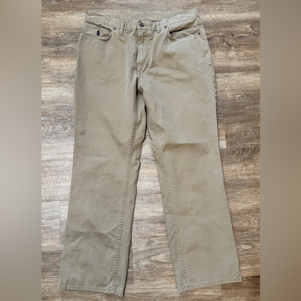 Polo Ralph Lauren Authentic Dungarees  Pants Mens 36/30 Zip Front Tan Cotton